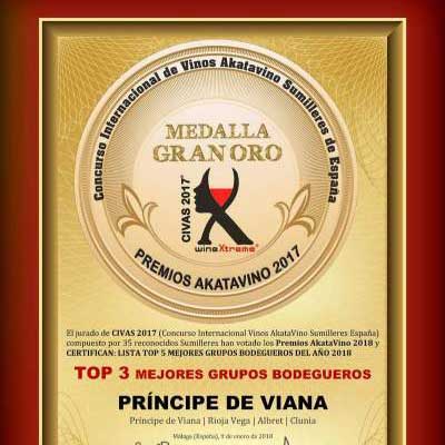 Grupo Príncipe de Viana entre los 3 Mejores Grupos Bodegueros de España, Premios AkataVino  2018